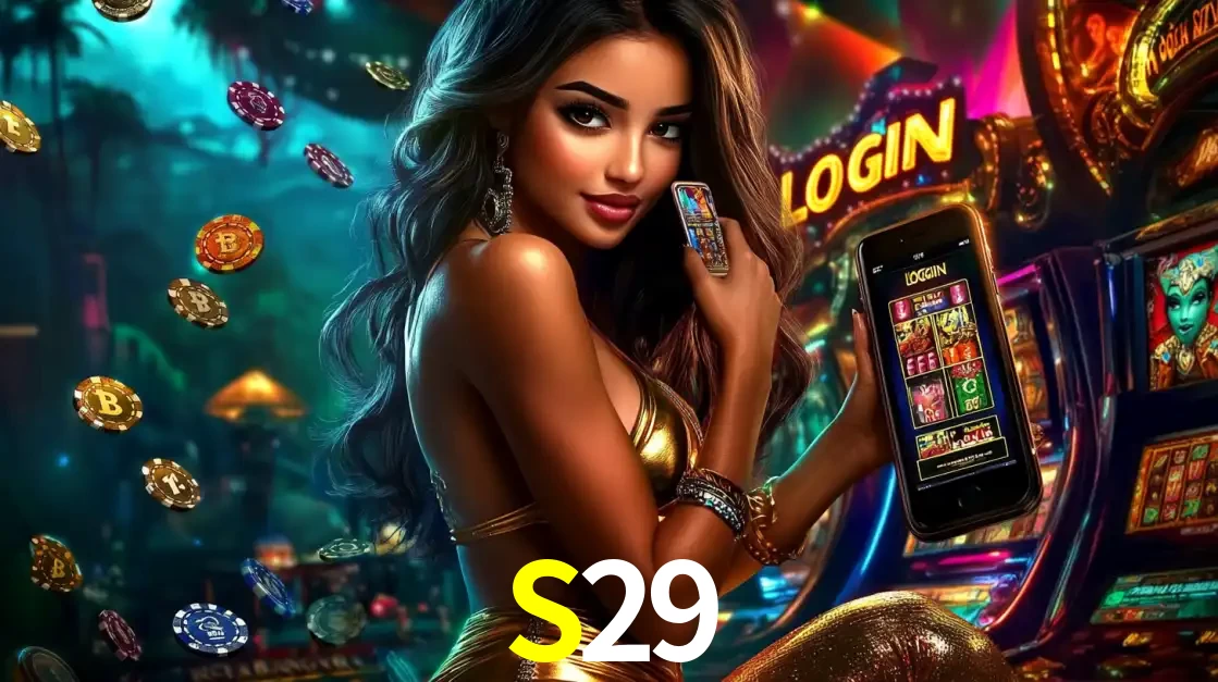 Mulher em um cenário de cassino temático de aventura, mostrando o app de caça-níqueis da S29 no celular. Fichas de apostas flutuam ao redor.