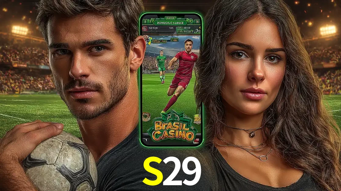 Homem segurando uma bola de futebol e uma mulher ao lado de um smartphone exibindo o jogo de apostas esportivas da S29. Faça seu palpite no cassino online.